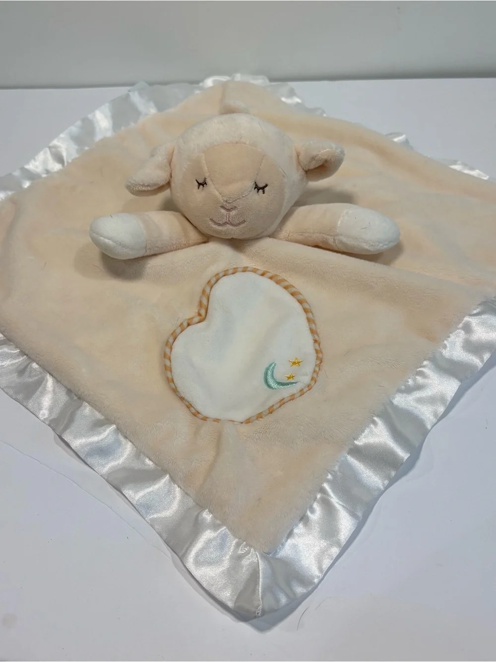 Douglas Baby Lovey Lamb Cream Security Blanket Sheep‎ Satin Trim Moon Stars 14”